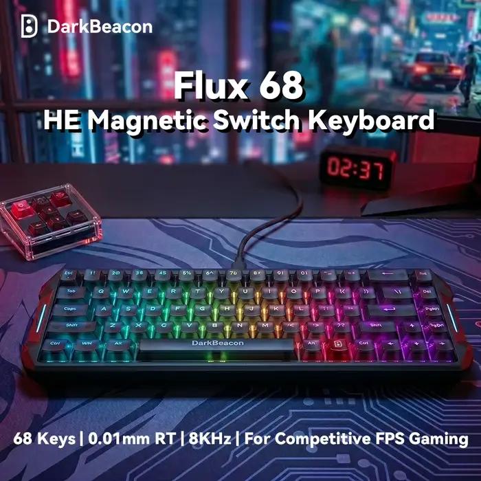 Clavier de jeu magnétique DarkBeacon 65% HE Flux 68 filaire RGB à structure Gasket Hot Swappable pour PC portable et Gamer