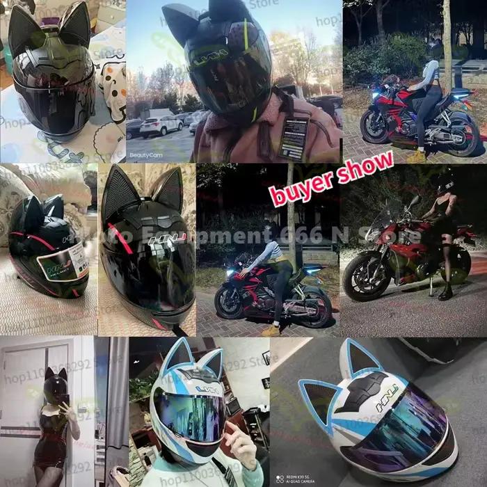 HNJ-Casque de Moto avec Oreilles de Chat pour Homme et Femme, Visage Complet, Respirant, Certifié DOT