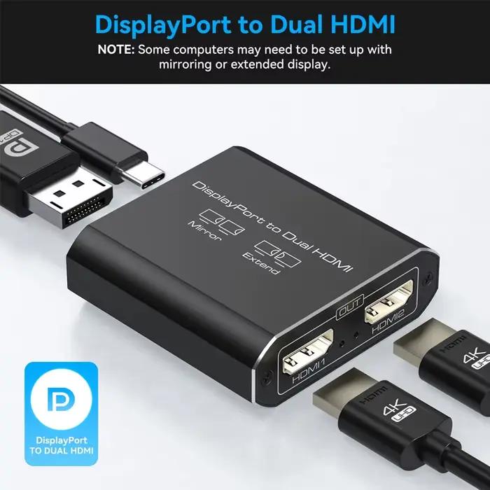 Répartiteur Displayport vers double moniteurs DP 4K @ 120Hz HDMI 4K @ 60Hz 1 entrée 2 sorties affichage étendu avec Windows Vista Linux Mac VPFET