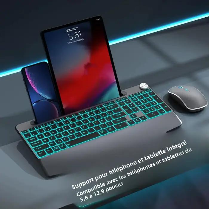 Clavier rétroéclairé sans fil avec repose-main pour téléphone portable compatible avec PC Mac Windows - Comprend une souris sans fil