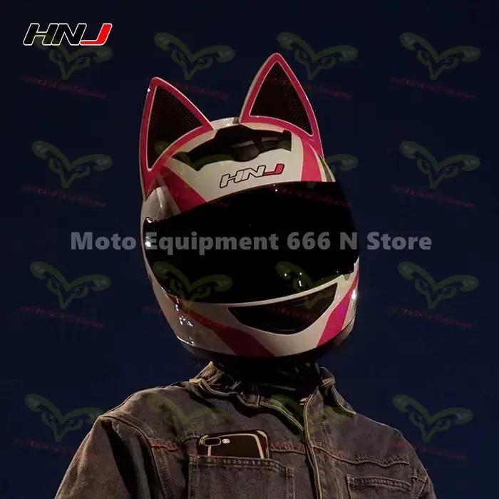 HNJ-Casque de Moto avec Oreilles de Chat pour Homme et Femme, Visage Complet, Respirant, Certifié DOT
