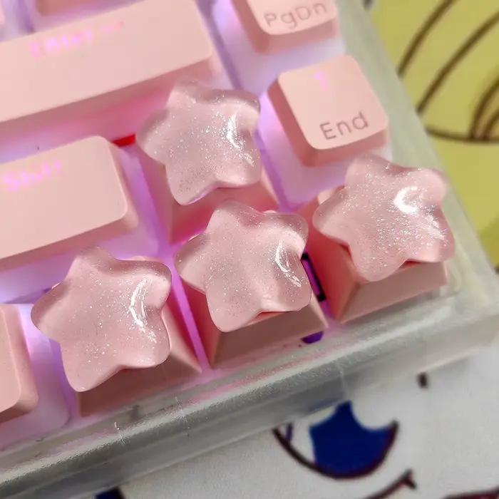 Lot de 4 touches mécaniques transparentes étoile rose scintillante pour clavier