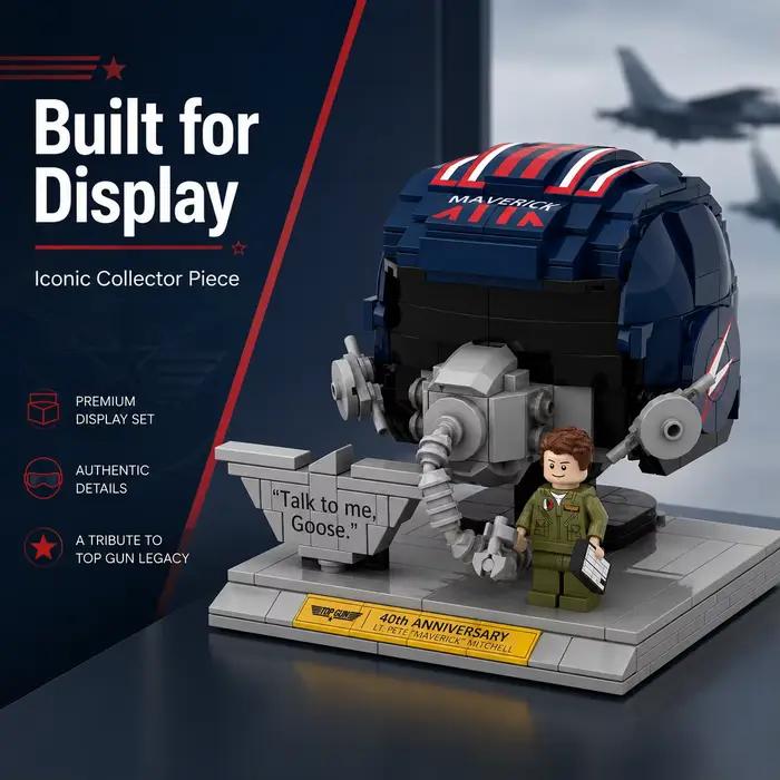 Casque de pilote de chasse Top Gun Maverick 40e anniversaire, sculpture en blocs de construction avec base de présentation, figurine de collection, cadeau pour adultes