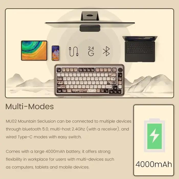 Akko MU01 ANSI/MU02 ISOMountain Seclusion clavier mécanique en bois échange à chaud BT 5.0 2.4G sans fil type-c
