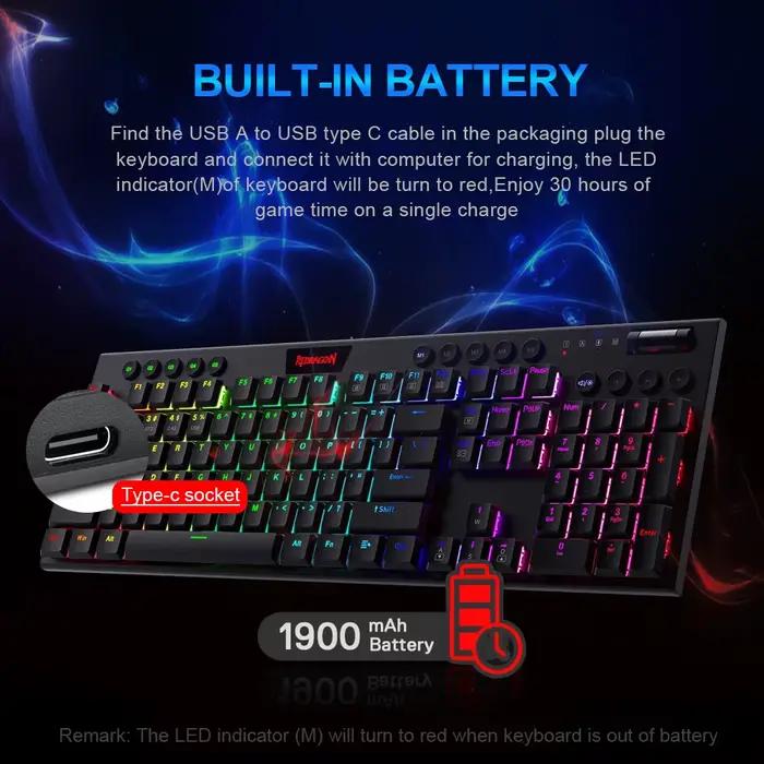 Redragon Horus K618 RVB appui Bluetooth 5.0 sans fil USB 2.4G 3 mode de Jeu Mécanique Clavier 104 Touches PC Compute