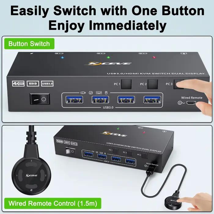 Commutateur KVM HDMI 2 moniteurs 3 ordinateurs 4K @ 60Hz