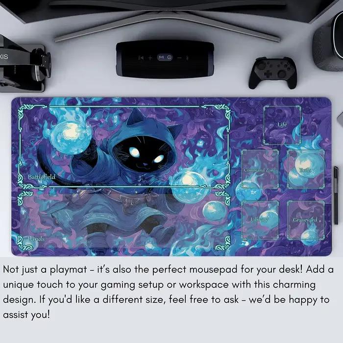 Tapis de jeu MTG Blue Cloak Black Cat Wizard Design tapis de combat pour cartes magiques antidérapant bords cousus tapis de jeu de table pour occasions spéciales à offrir pour collectionneurs de cartes magic