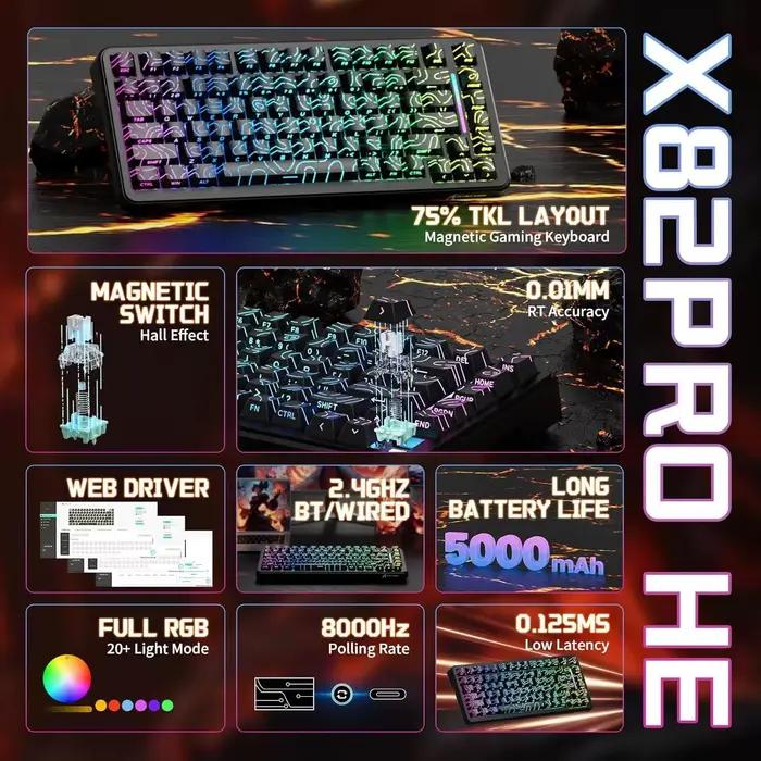 ATTACK SHARK X82 Pro HE 75% Clavier de jeu sans fil magnétique