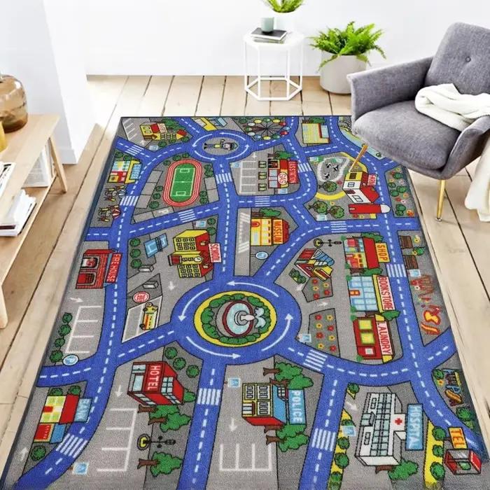 Tapis de jeu de route de circulation pour enfants, lavable, carte de voiture, apprentissage éducatif, pour salle de jeux, décor de chambre à coucher, Alfombra