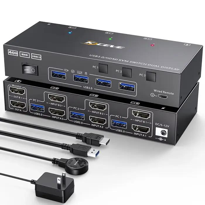 Commutateur KVM HDMI 2 moniteurs 3 ordinateurs 4K @ 60Hz