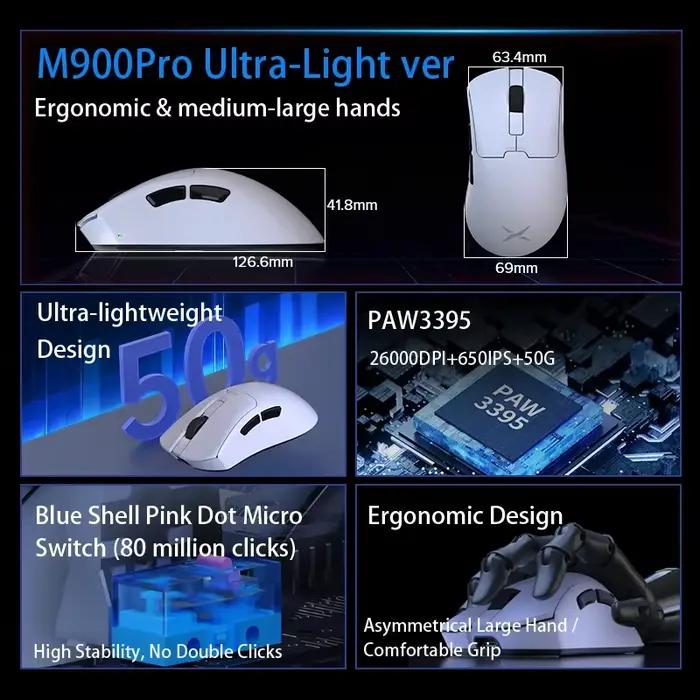 Delux M900PRO Version ultra-légère souris de jeu sans fil ergonomique 1K/8K taux d'érollage 50g PAW3395 pour joueur PC à grande main droite