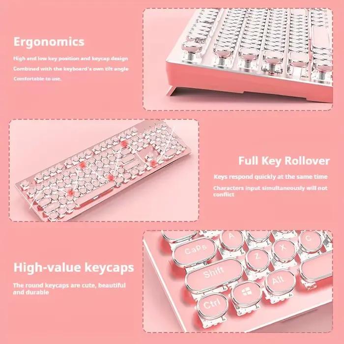 EWEADN – clavier de jeu mécanique rose pour machine à écrire Punk