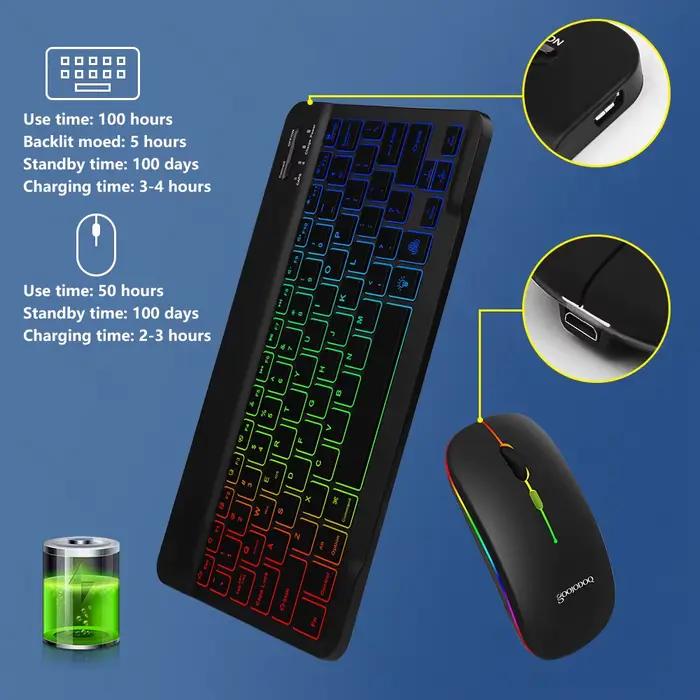 10 pouces rvb rétro-éclairé clavier Bluetooth Rechargeable