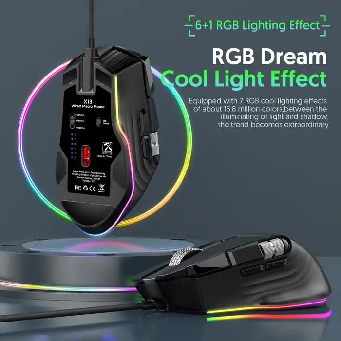Souris de jeu filaire RGB 7 modes d'éclairage Doubles molettes de défilement Macro programmable 1200-12400 DPI Conception ergonomique pour joueur PC