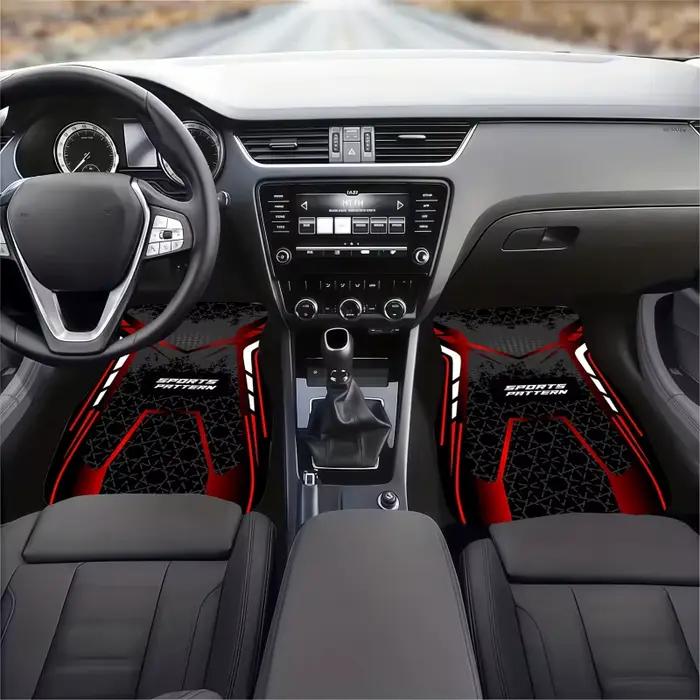 4 ensembles de tapis de sol de voiture à motifs sportifs, design futuriste avec motifs géométriques noirs et blancs et accents rouges, Moder