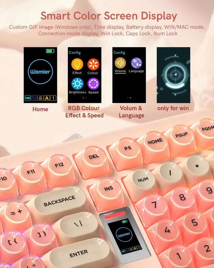 Womier Foundation WK98 clavier mécanique avec affichage rose crème 3 modes joint ergonomique