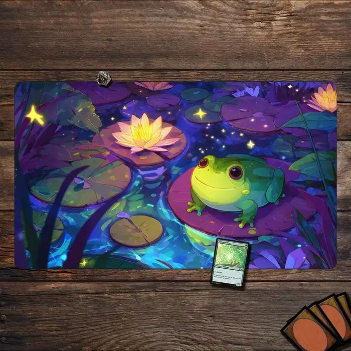 Tapis de jeu MTG avec motif de grenouille mignonne et étang de lotus