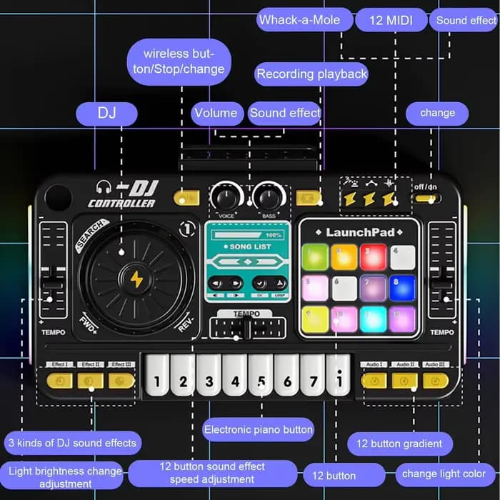 Mixeur DJ pour enfants avec microphone, clavier de piano électronique, contrôleur de platine DJ Bluetooth, instrument de musique, cadeau de Noël pour enfants