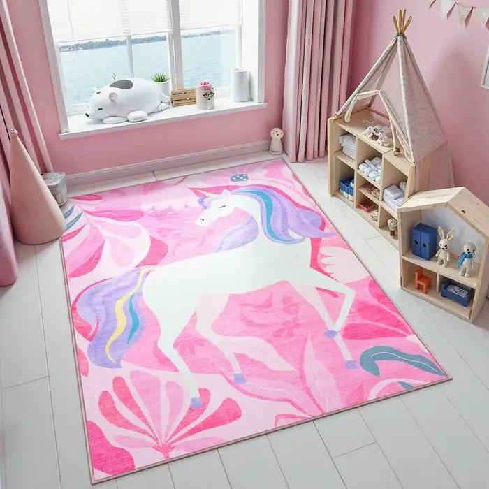 Tapis imprimé licorne à fleurs roses