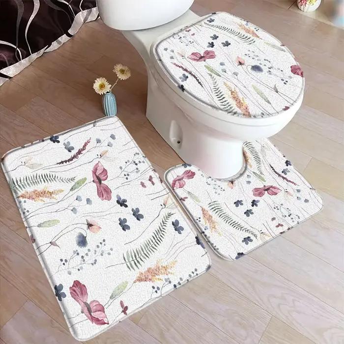Ensemble de polymères de bain floraux roses, aquarelle, fleur, feuilles grises, plante, tapis de maison, Doorvirus, HODecor, tapis de sol, tapis en U, couverture de toilette