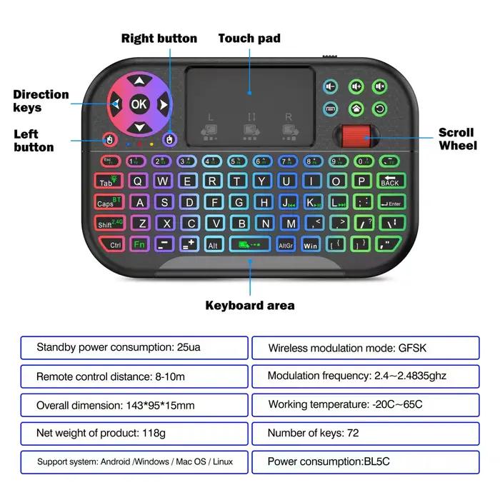 Mini clavier sans fil BT QWERTY avec pavé tactile