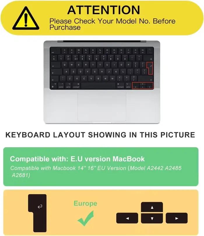 Couverture de clavier à raccourcis EU pour MacBookAir13”15”Pro14”16”2026-2021M5 M4 M3 M2 M1 Neo 13" A3404 A3114 A2442 A2779 A2991 A2681