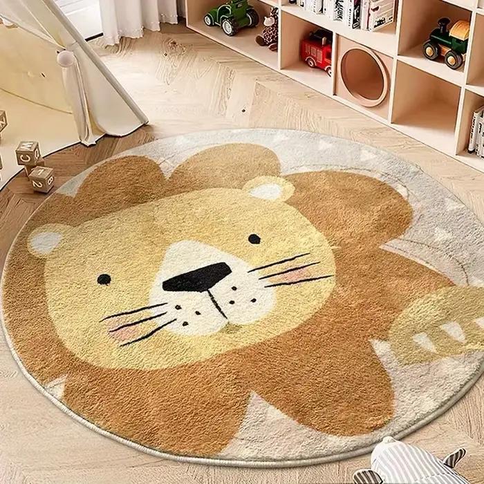 Tapis moelleux de dessin animé mignon pour la décoration de la maison, lion, canapés, salon, rond, animal, lea, optique, polymères en peluche, chambre d'enfant