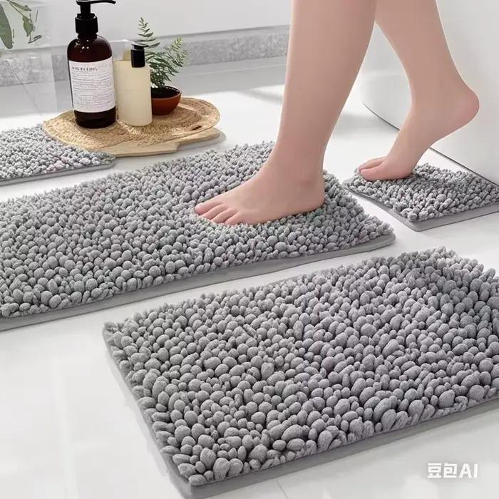 Tapis de bain absorbant gris en chenille, tapis de cuisine en peluche courte, tapis de sol de salle de bain, tapis de douche doux et absorbant, tapis à séchage rapide