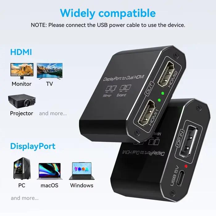 Répartiteur Displayport vers double moniteurs DP 4K @ 120Hz HDMI 4K @ 60Hz 1 entrée 2 sorties affichage étendu avec Windows Vista Linux Mac VPFET