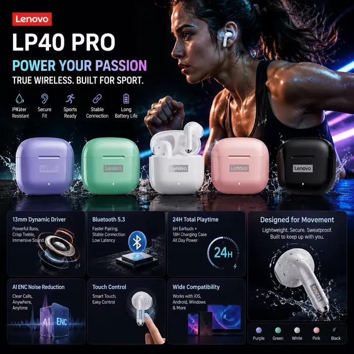 Nouveaux écouteurs Bluetooth 5.3 Lenovo LP40 Pro TWS à connexion rapide