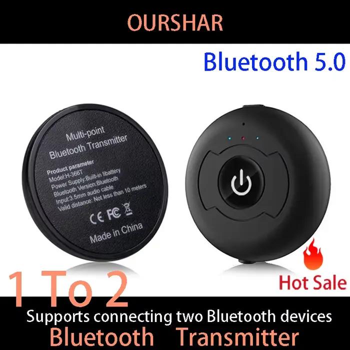 OURSHAR Transmetteur audio Bluetooth multipoint Adaptateur sans fil stéréo haute-fidélité à faible latence Connecter 2 écouteurs 3.5 pour la télévision