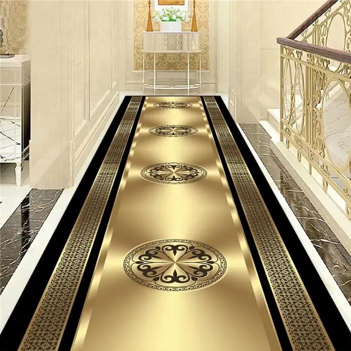 Tapis de couloir Long de luxe doré, Style nordique, pour Villa, couloir, antidérapant, lavable, pour hall d'entrée, tapis de course personnalisable
