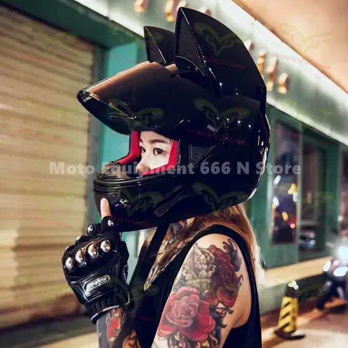 HNJ-Casque de Moto avec Oreilles de Chat pour Homme et Femme, Visage Complet, Respirant, Certifié DOT