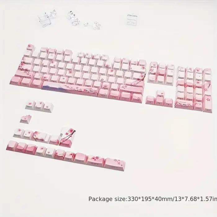 Capuchons de touches de clavier mécanique rose fleur de cerisier 128 touches gravure latérale matériau PBT éclairé pour claviers mécaniques normes et ergonomiques
