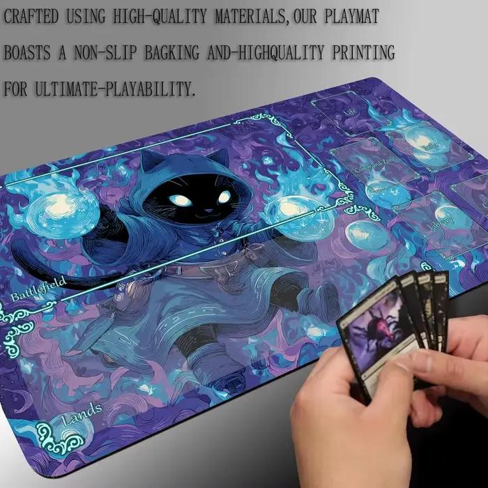 Tapis de jeu MTG Blue Cloak Black Cat Wizard Design tapis de combat pour cartes magiques antidérapant bords cousus tapis de jeu de table pour occasions spéciales à offrir pour collectionneurs de cartes magic