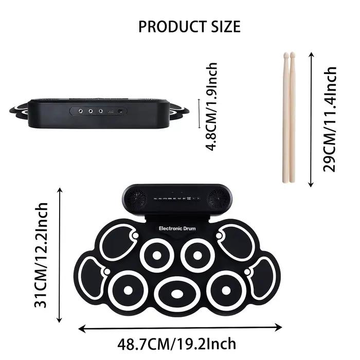 Batterie électronique, ensemble de pads de batterie électriques enroulables 9 pièces, avec prise casque, 10 heures d'autonomie, haut-parleur intégré