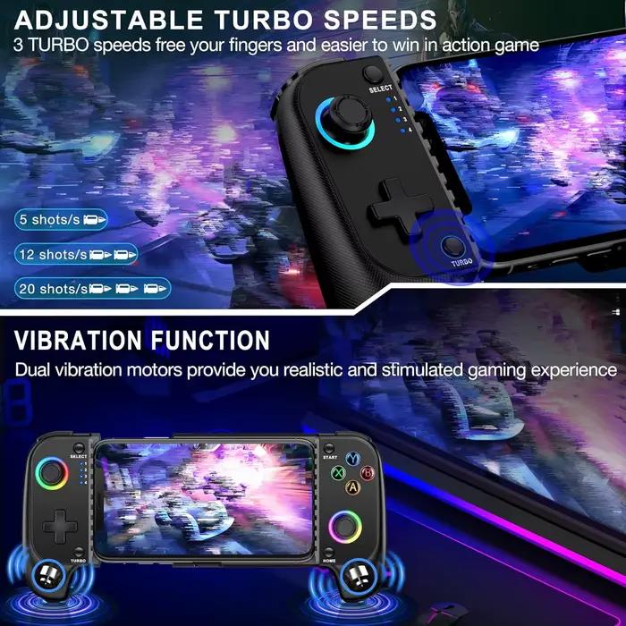 Manette de jeu sans fil 7009F pour iOS/Android avec joystick à effet Hall et éclairage RGB