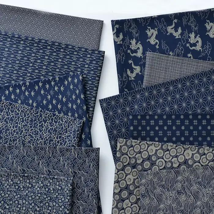 Tissu d'impression numérique géométrique en coton pur marine, matériaux japonais, impression de thé, vêtements faits à la main, par demi-mètre