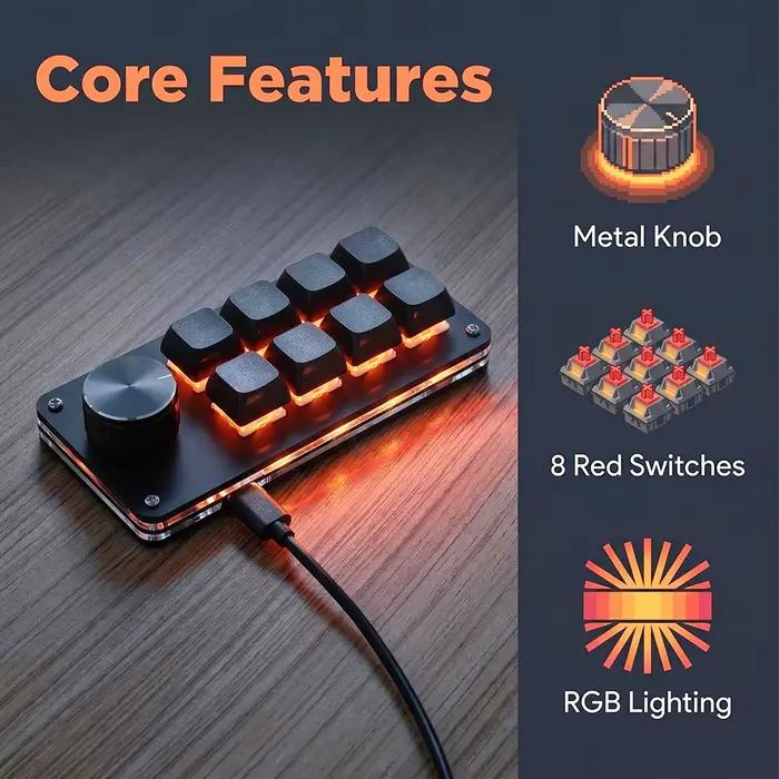 Clavier multifonctionnel à 8 touches mécanique pour bureaux, jeux et contrôle industriel en USB adaptable à plusieurs langues