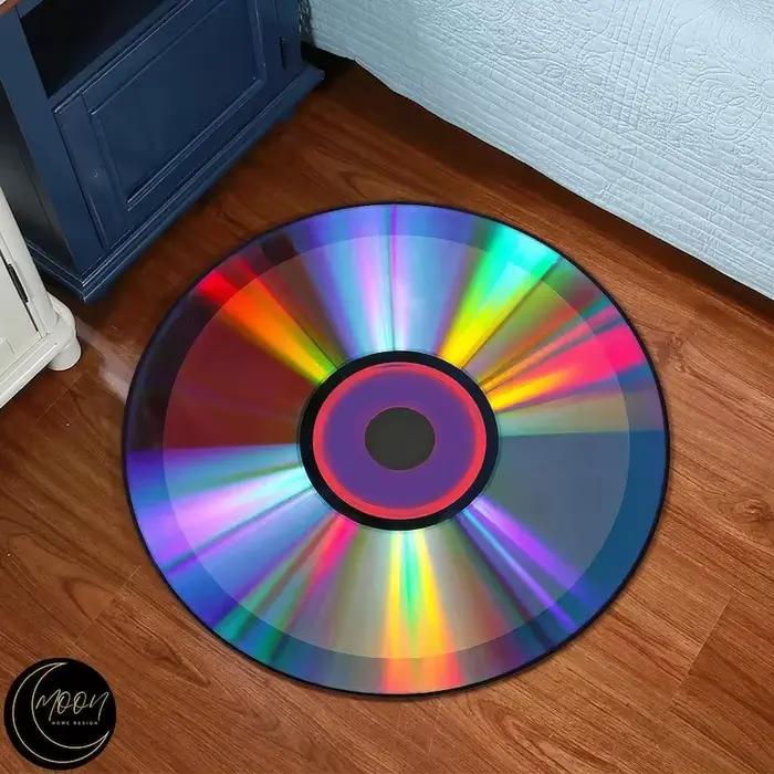 Tapis rond CD doré, Design artistique de musique rétro, doux et moelleux, de luxe, décoratif pour salon et chambre à coucher