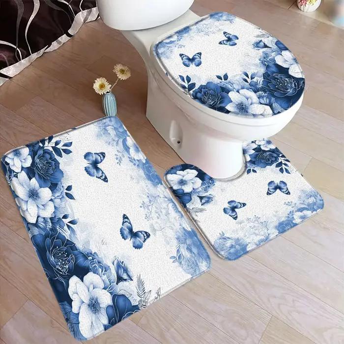 Ensemble de polymères de bain floraux roses, aquarelle, fleur, feuilles grises, plante, tapis de maison, Doorvirus, HODecor, tapis de sol, tapis en U, couverture de toilette