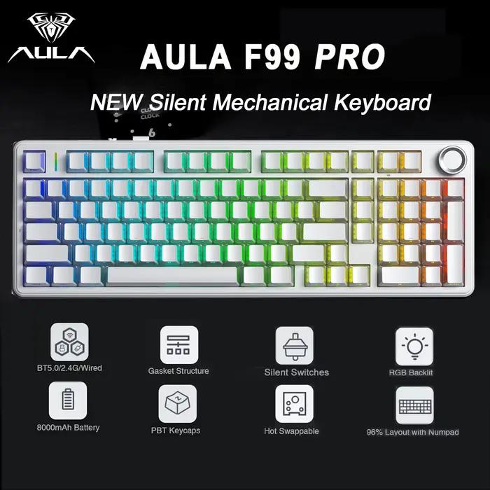 AULA F99 Pro clavier mécanique silencieux 2.4G sans fil PBT Keycap échangeable à chaud rvb rétro-éclairé translucide