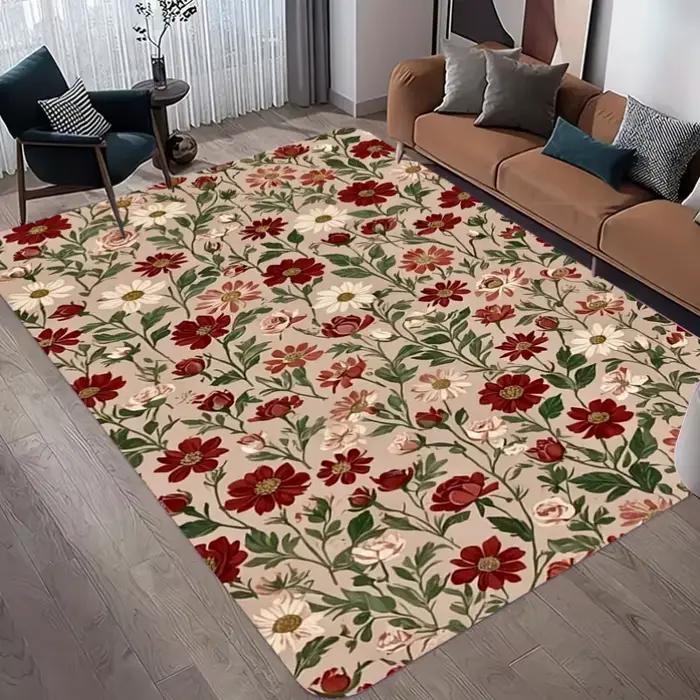 Tapis d'intérieur bleu marine foncé à imprimé floral, antidérapant, doux, motif botanique, pour salon, chambre, décoration bohème style ferme