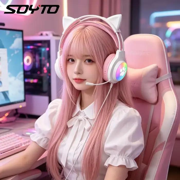 Casque de jeu SOYTO rose avec oreilles de chat