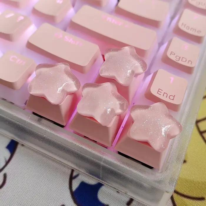 Lot de 4 touches mécaniques transparentes étoile rose scintillante pour clavier
