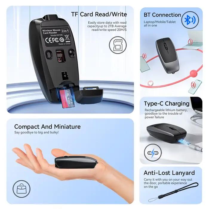 Mini souris Rechargeable avec convertisseur de lecteur de carte TF et corde suspendue type-c pour tablette