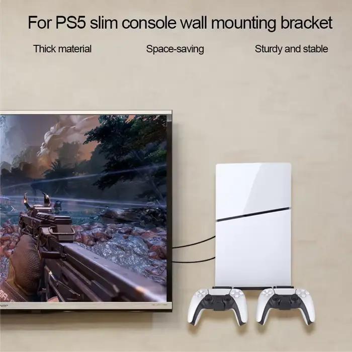 Support mural pour console PS5 Slim Series avec deux crochets pour manettes et autocollant d'alignement pour installation facile et espace de jeu élégant