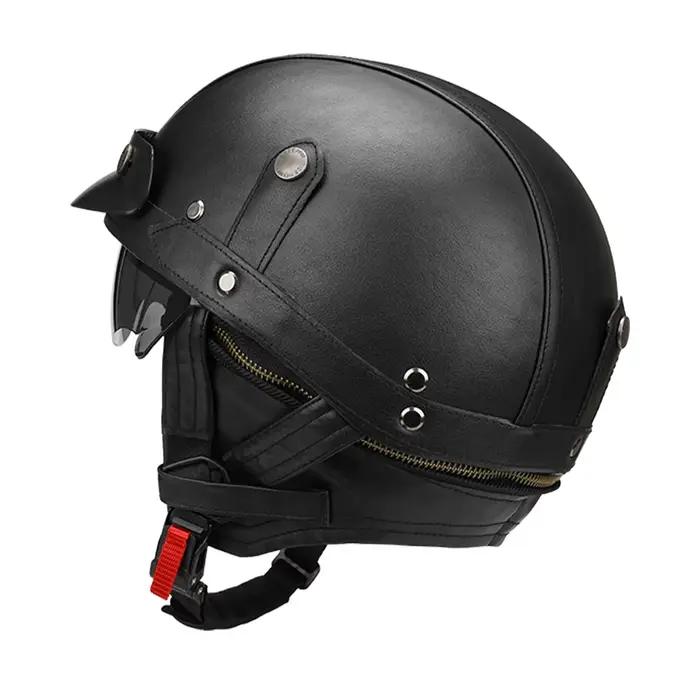 Demi-casque de Moto noir en cuir allemand, Vintage, Casco Moto, visage ouvert, Certification DOT