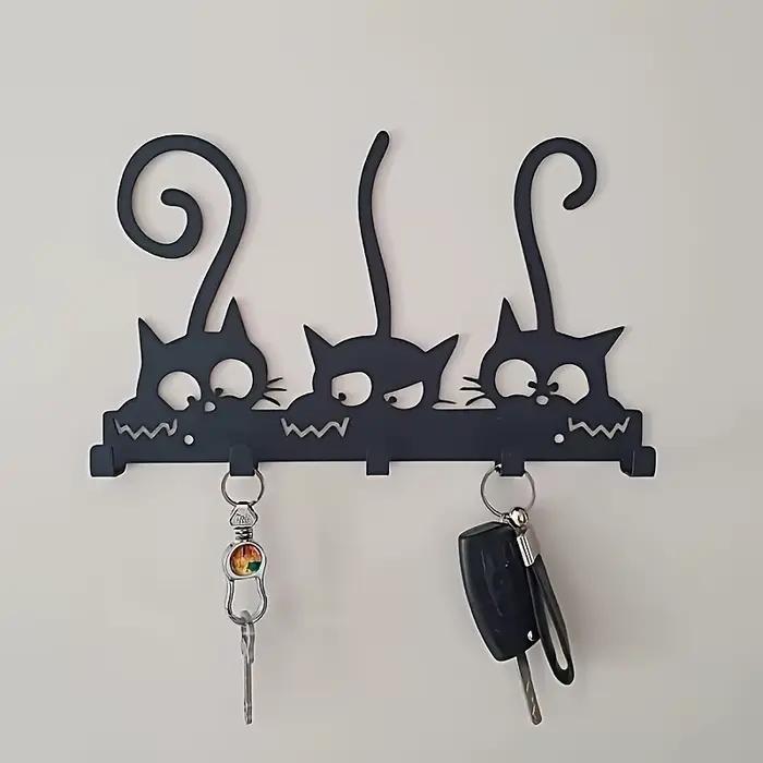 Porte-clés mural en forme de chat en fer noir support décoratif avec crochets pour clés chapeaux serviettes occasions spéciales décoration intérieure