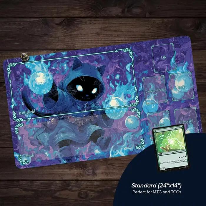 Tapis de jeu MTG Blue Cloak Black Cat Wizard Design tapis de combat pour cartes magiques antidérapant bords cousus tapis de jeu de table pour occasions spéciales à offrir pour collectionneurs de cartes magic